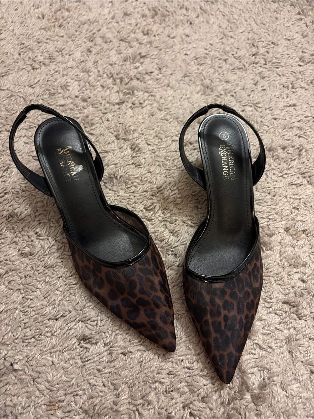 American Exchange Leopard Print Pointed Toe Slingback Heels - Black & Brown